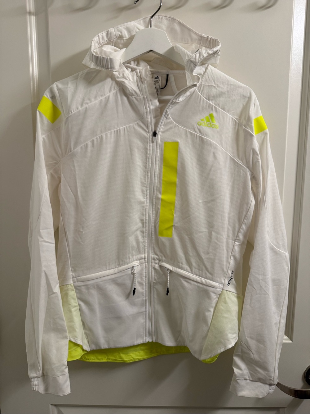 adidas Women’s Primeblue White & Neon Yellow Lightweight Hooded Jacket
